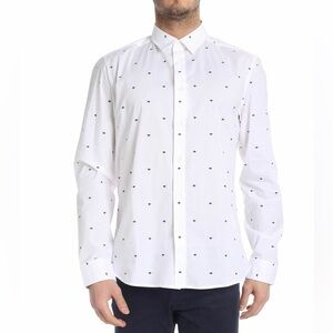 Kenzo Paris White Multi Eye Cotton Poplin Blend Slim Fit Collared Shirt 42-16.5